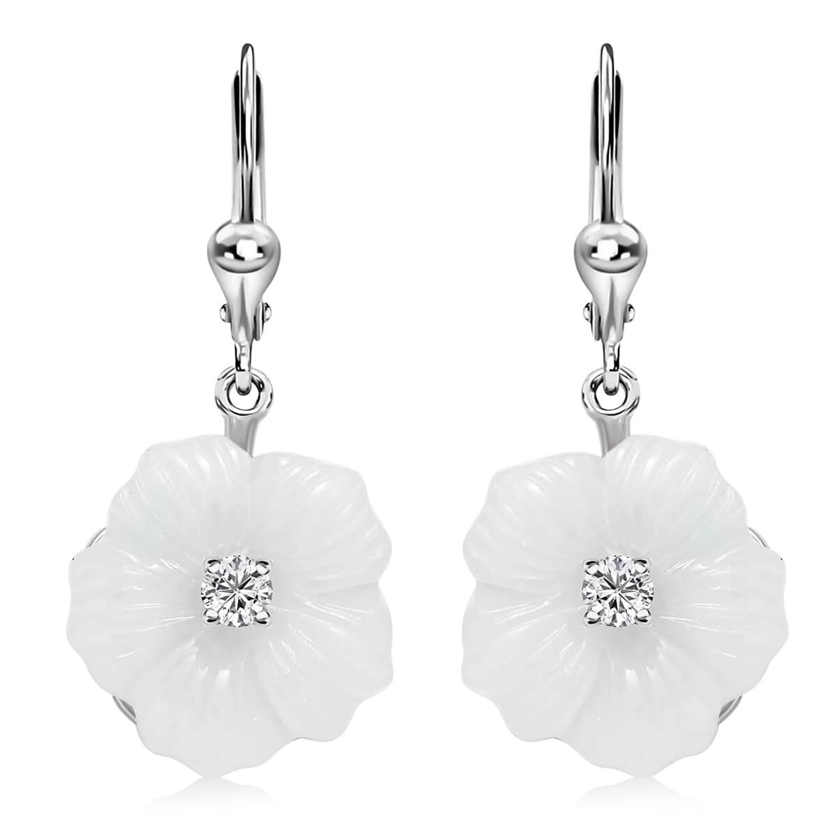 Natural Jade Carved and Moissanite 38.10 ctw Primrose Floral Lever Back Earrings in Platinum Over Sterling Silver image number 0