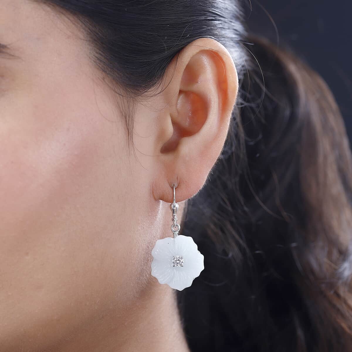 Natural Jade Carved and Moissanite 38.10 ctw Primrose Floral Lever Back Earrings in Platinum Over Sterling Silver image number 2