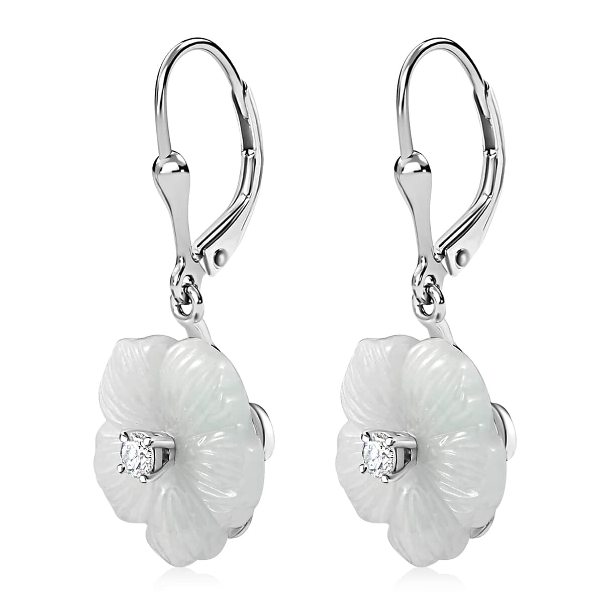 Natural Jade Carved and Moissanite 38.10 ctw Primrose Floral Lever Back Earrings in Platinum Over Sterling Silver image number 3