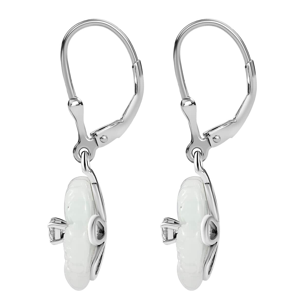 Natural Jade Carved and Moissanite 38.10 ctw Primrose Floral Lever Back Earrings in Platinum Over Sterling Silver image number 4