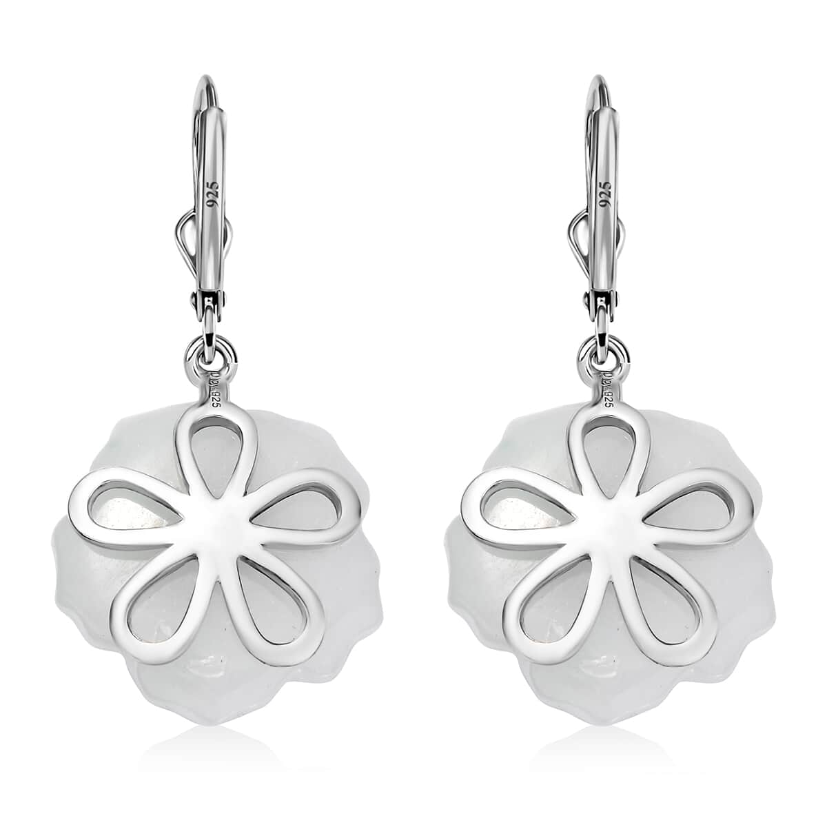 Natural Jade Carved and Moissanite 38.10 ctw Primrose Floral Lever Back Earrings in Platinum Over Sterling Silver image number 5