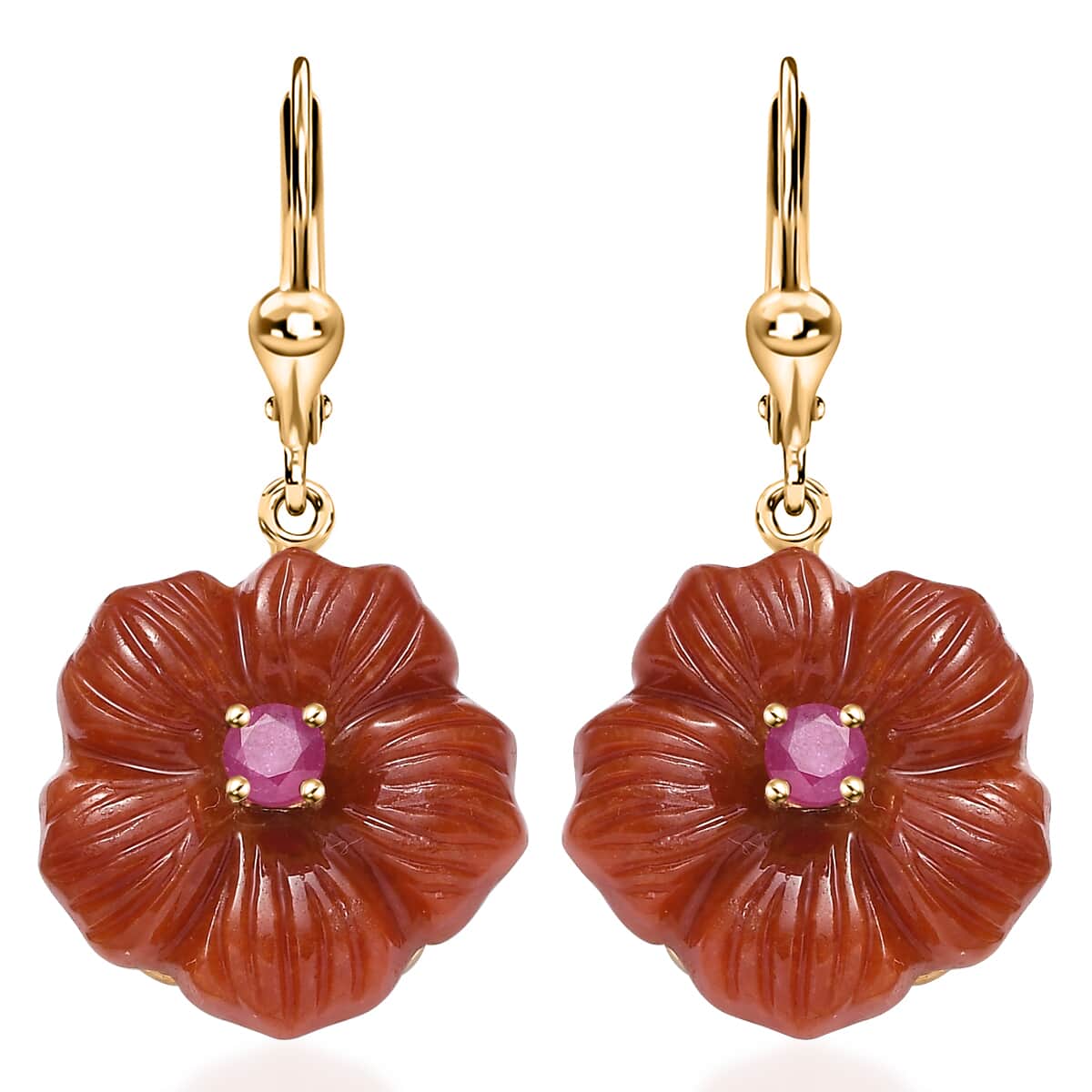 Red Jade (D) Carved and Niassa Ruby (FF) 38.65 ctw Primrose Floral Lever Back Earrings in 18K Vermeil Yellow Gold Over Sterling Silver image number 0