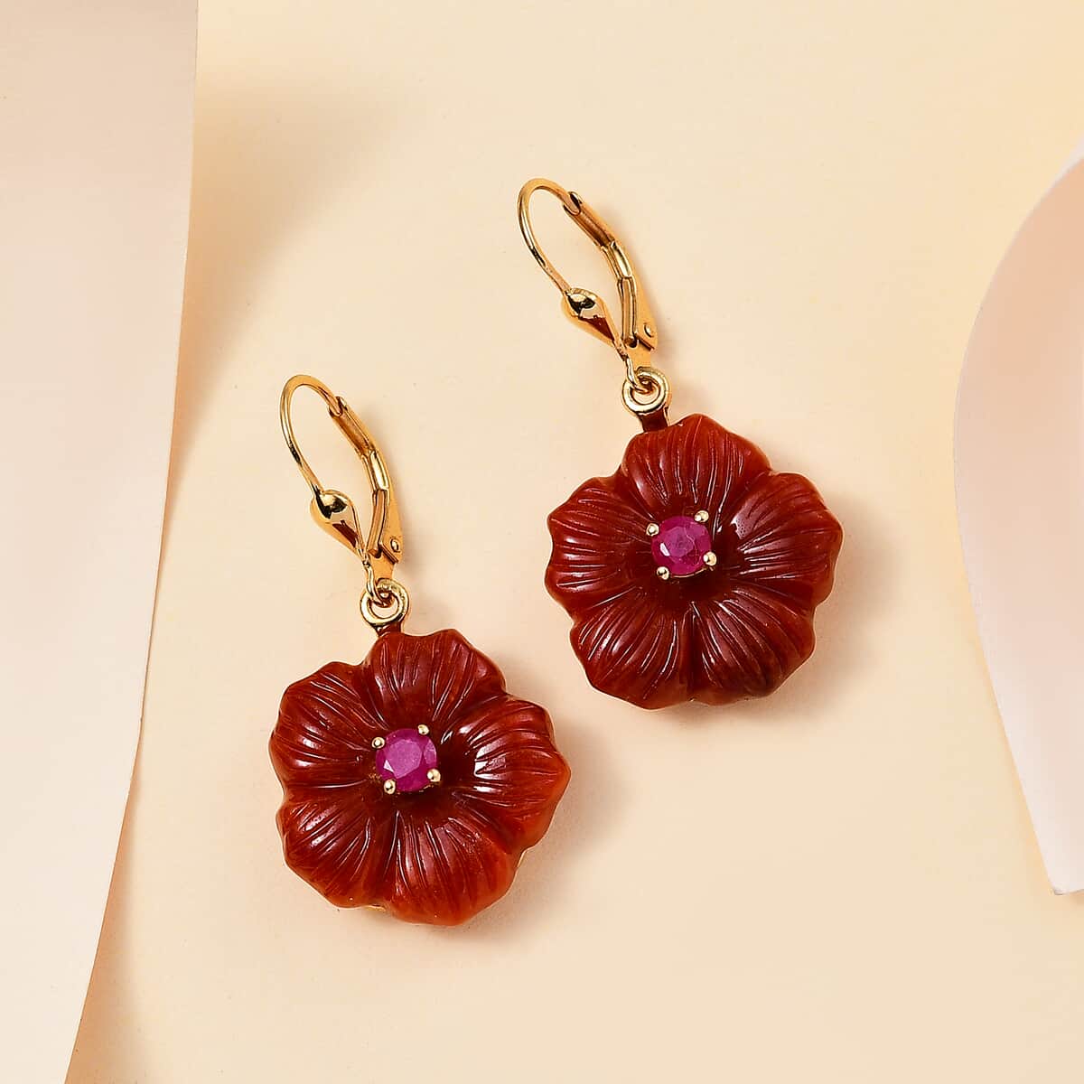 Red Jade (D) Carved and Niassa Ruby (FF) 38.65 ctw Primrose Floral Lever Back Earrings in 18K Vermeil Yellow Gold Over Sterling Silver image number 1