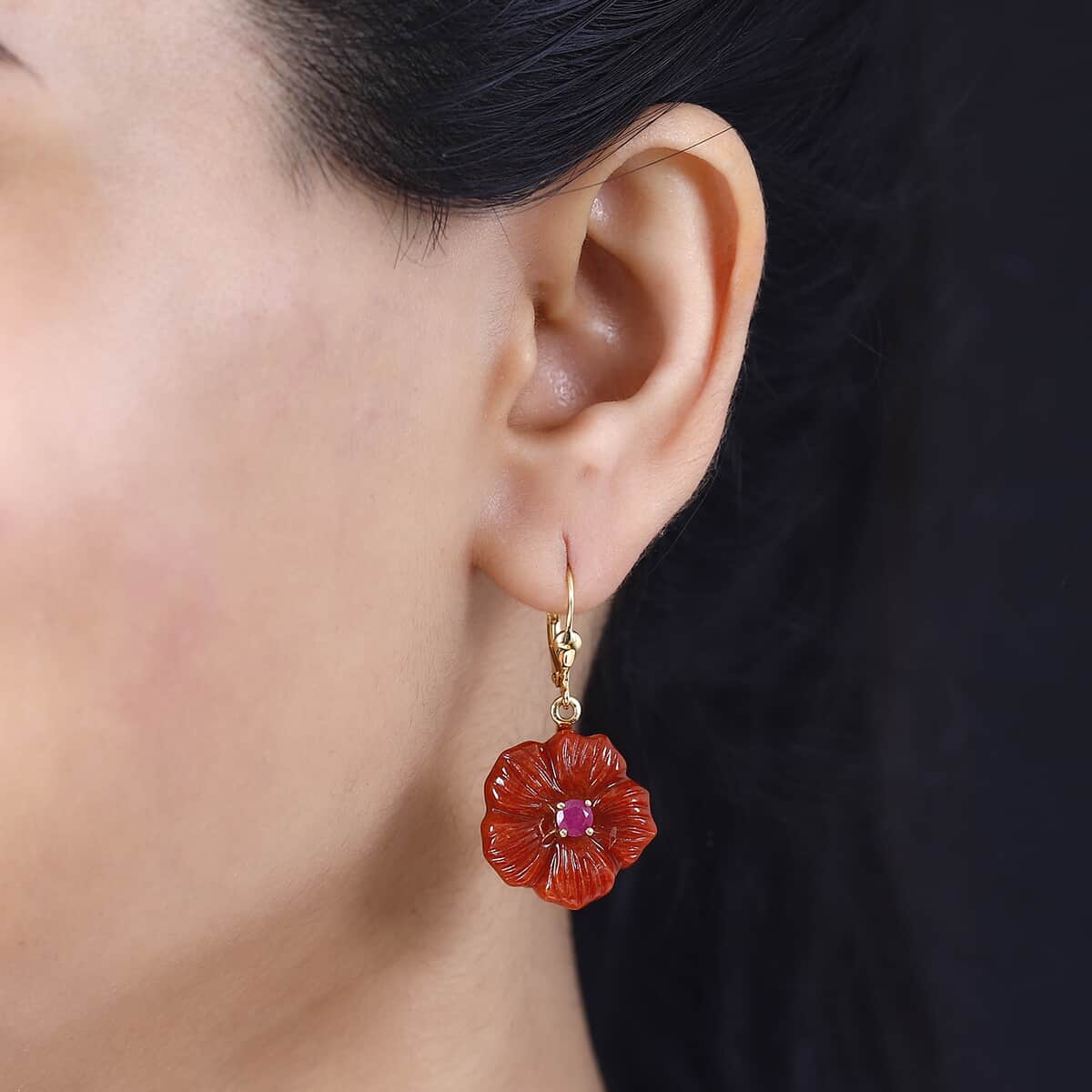 Red Jade (D) Carved and Niassa Ruby (FF) 38.65 ctw Primrose Floral Lever Back Earrings in 18K Vermeil Yellow Gold Over Sterling Silver image number 2