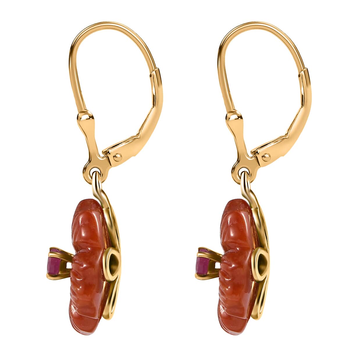 Red Jade (D) Carved and Niassa Ruby (FF) 38.65 ctw Primrose Floral Lever Back Earrings in 18K Vermeil Yellow Gold Over Sterling Silver image number 3