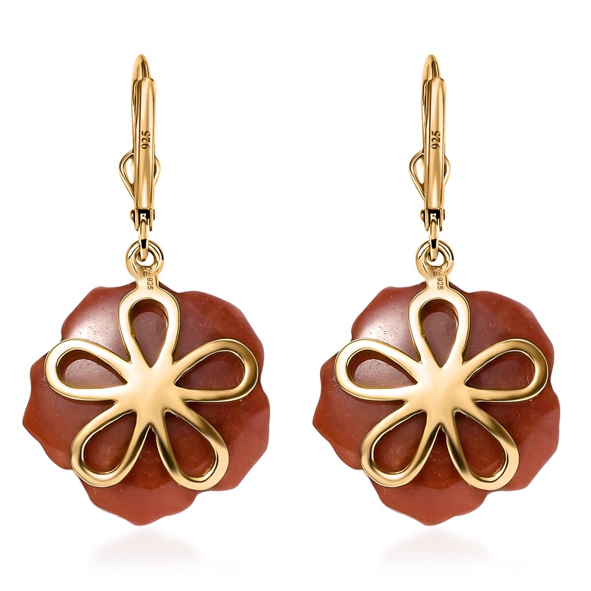 Red Jade (D) Carved and Niassa Ruby (FF) 38.65 ctw Primrose Floral Lever Back Earrings in 18K Vermeil Yellow Gold Over Sterling Silver image number 4