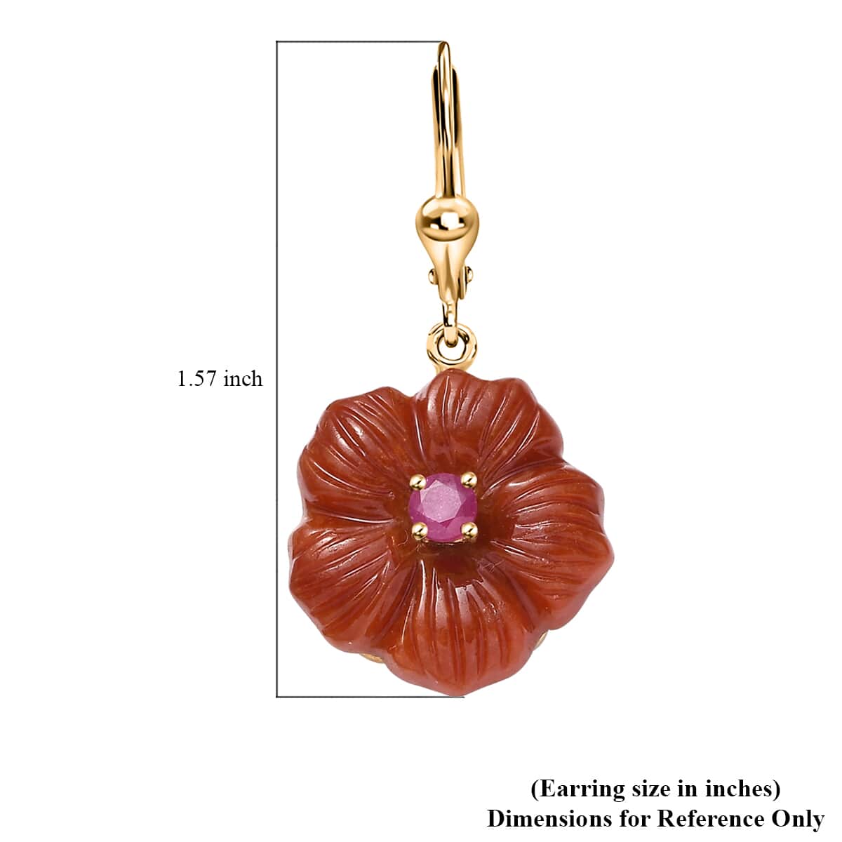 Red Jade (D) Carved and Niassa Ruby (FF) 38.65 ctw Primrose Floral Lever Back Earrings in 18K Vermeil Yellow Gold Over Sterling Silver image number 5