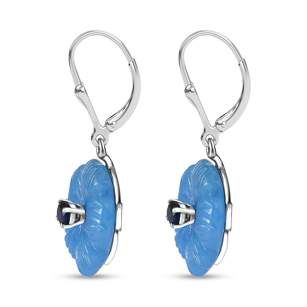 Blue Jade Carved (D) and Masoala Sapphire (D) 37.85 ctw Primrose Floral Lever Back Earrings in Platinum Over Sterling Silver image number 3