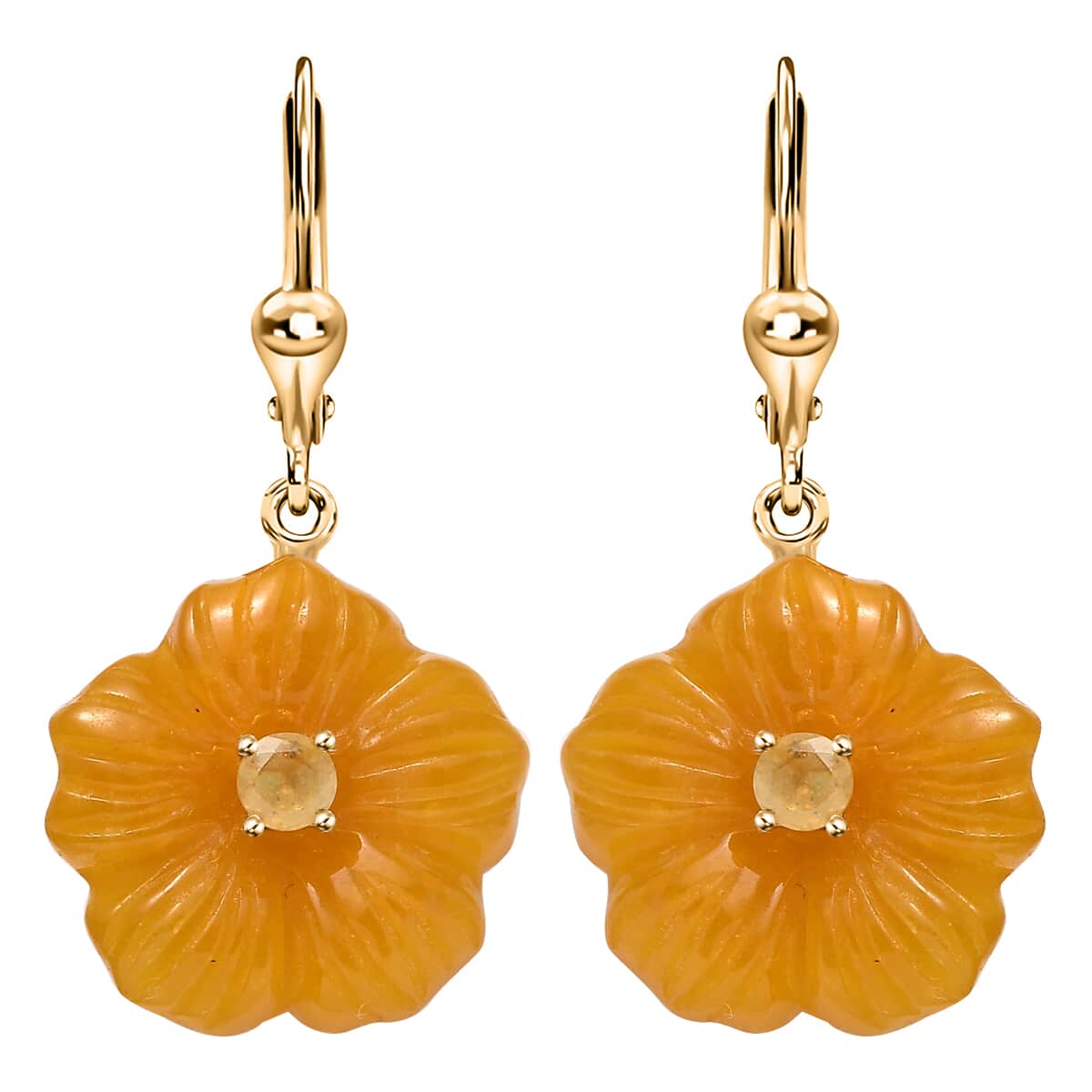 Yellow Jade Carved (D) and Yellow Sapphire (FF) 39.00 ctw Primrose Floral Lever Back Earrings in 18K Vermeil Yellow Gold Over Sterling Silver image number 0