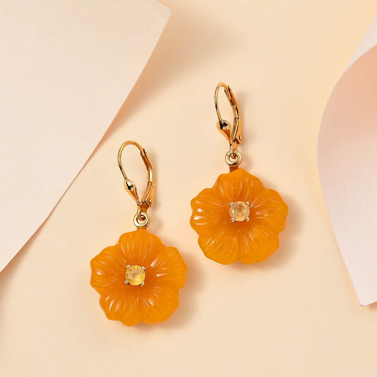 Yellow Jade Carved (D) and Yellow Sapphire (FF) 39.00 ctw Primrose Floral Lever Back Earrings in 18K Vermeil Yellow Gold Over Sterling Silver image number 1