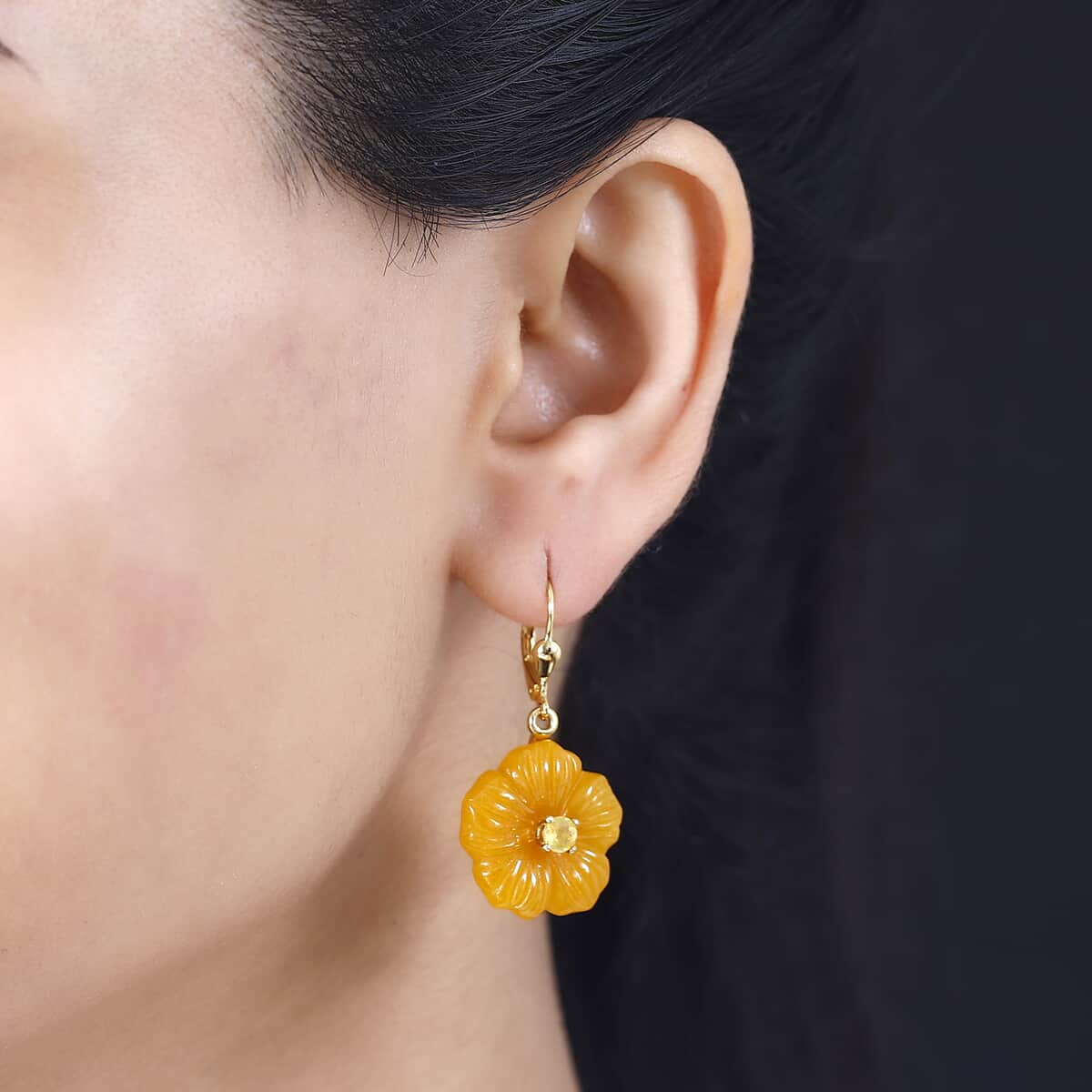 Yellow Jade Carved (D) and Yellow Sapphire (FF) 39.00 ctw Primrose Floral Lever Back Earrings in 18K Vermeil Yellow Gold Over Sterling Silver image number 2