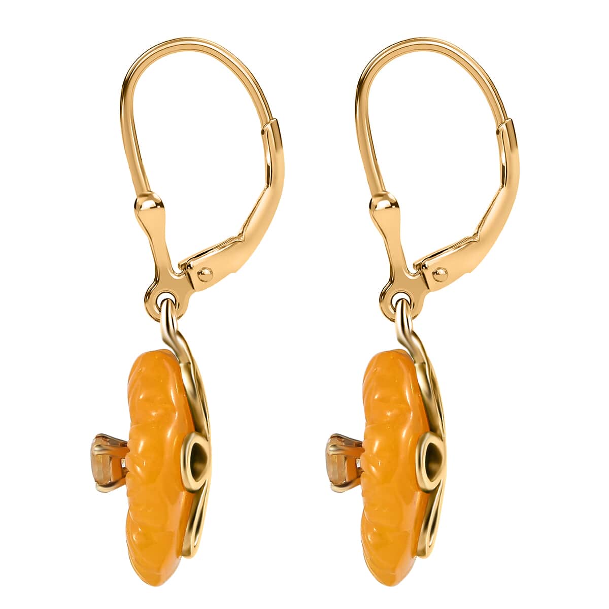 Yellow Jade Carved (D) and Yellow Sapphire (FF) 39.00 ctw Primrose Floral Lever Back Earrings in 18K Vermeil Yellow Gold Over Sterling Silver image number 3