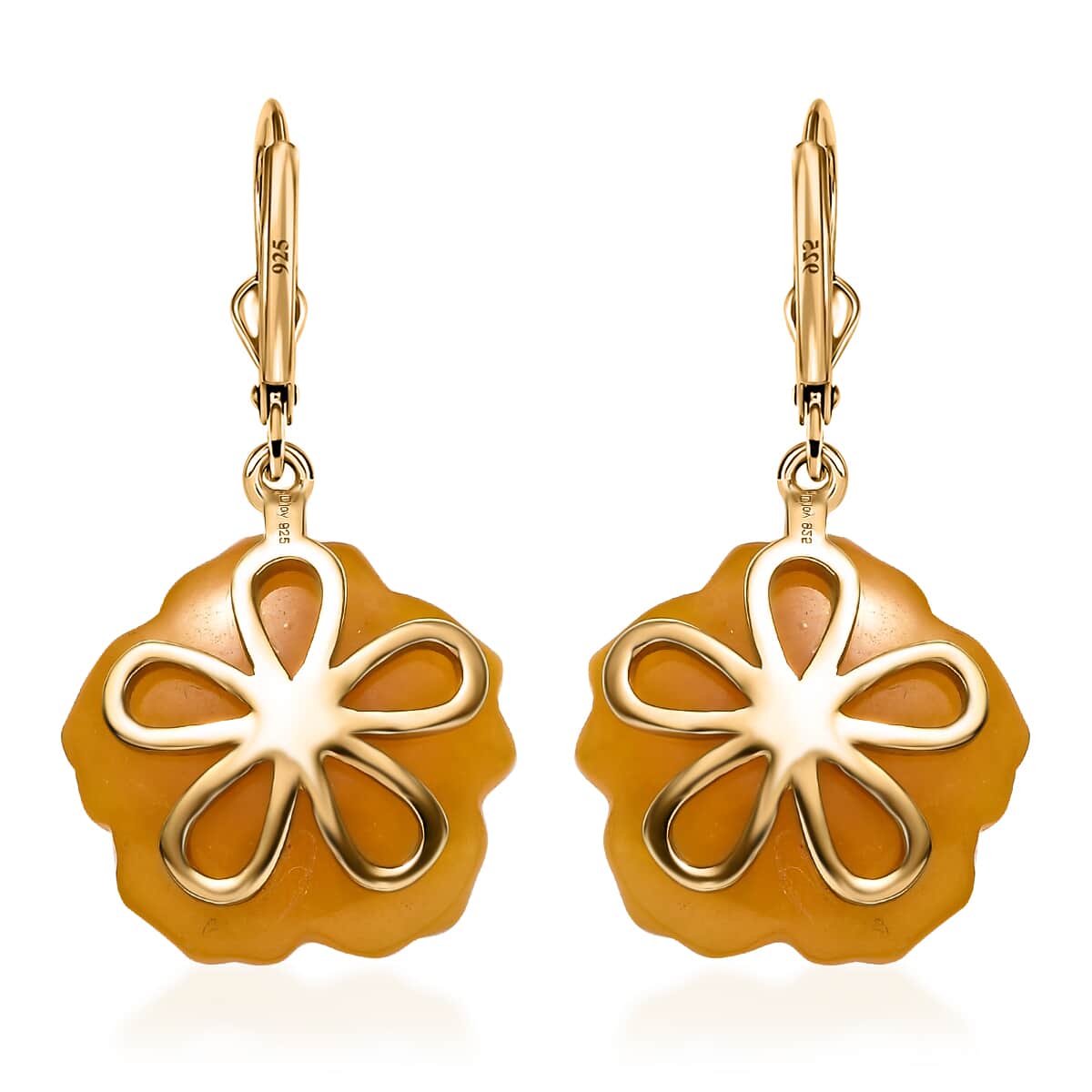 Yellow Jade Carved (D) and Yellow Sapphire (FF) 39.00 ctw Primrose Floral Lever Back Earrings in 18K Vermeil Yellow Gold Over Sterling Silver image number 4