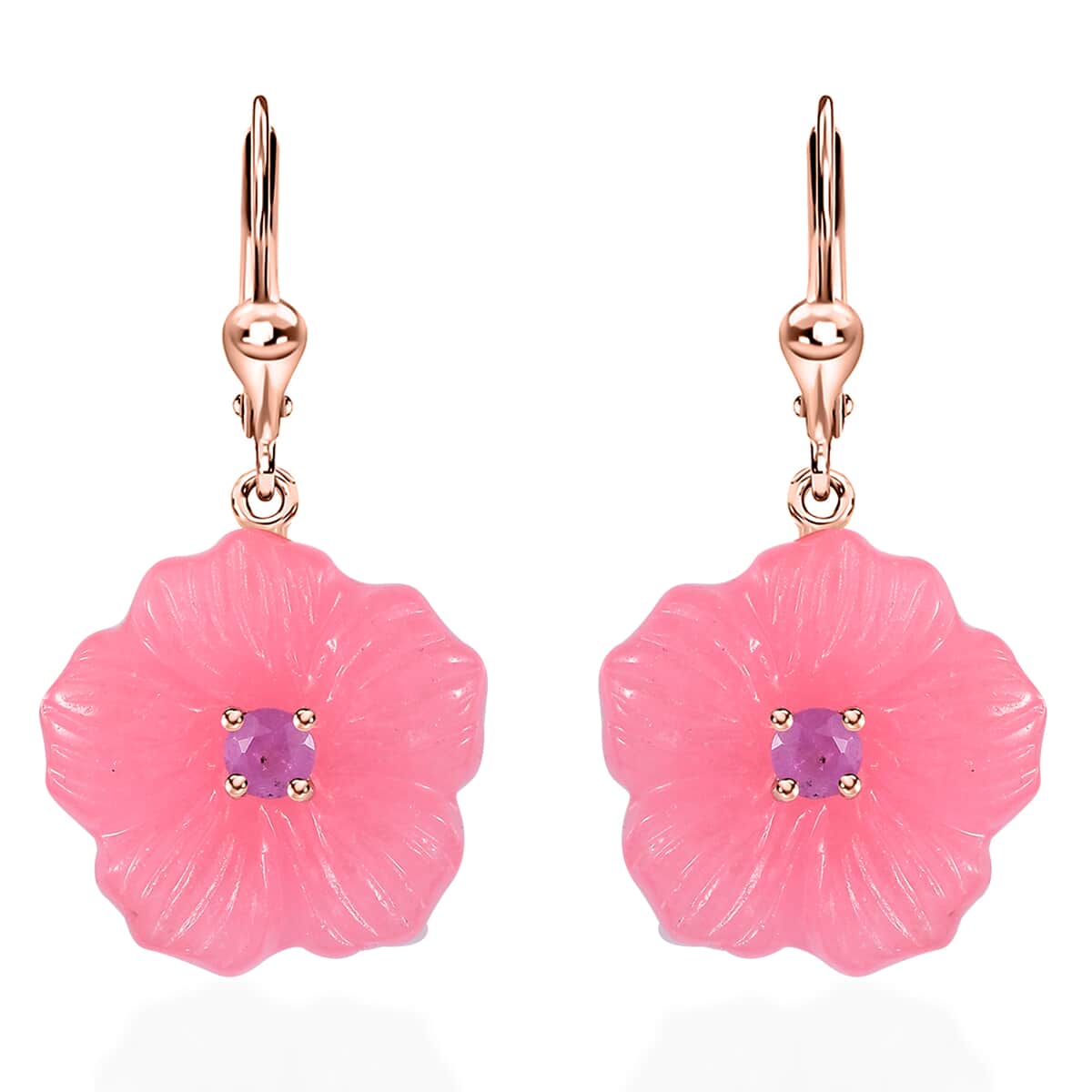 Pink Jade Carved (D) and Ilakaka Hot Pink Sapphire (FF) 38.25 ctw Primrose Floral Lever Back Earrings in 18K Vermeil Rose Gold Over Sterling Silver image number 0