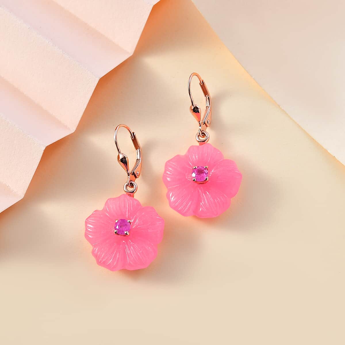 Pink Jade Carved (D) and Ilakaka Hot Pink Sapphire (FF) 38.25 ctw Primrose Floral Lever Back Earrings in 18K Vermeil Rose Gold Over Sterling Silver image number 1