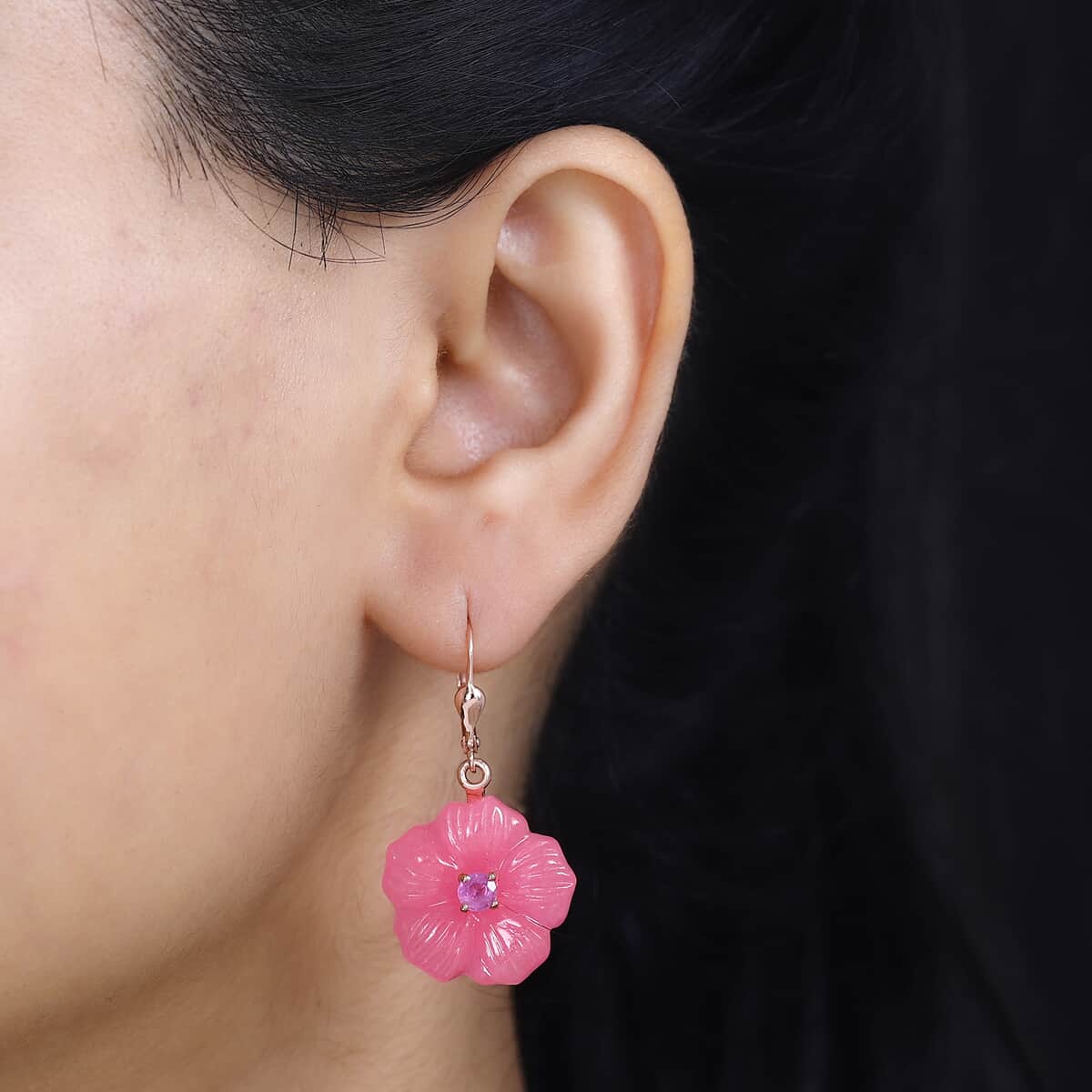 Pink Jade Carved (D) and Ilakaka Hot Pink Sapphire (FF) 38.25 ctw Primrose Floral Lever Back Earrings in 18K Vermeil Rose Gold Over Sterling Silver image number 2