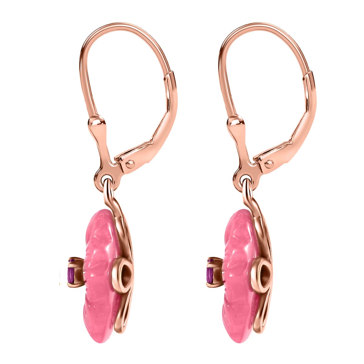 Pink Jade Carved (D) and Ilakaka Hot Pink Sapphire (FF) 38.25 ctw Primrose Floral Lever Back Earrings in 18K Vermeil Rose Gold Over Sterling Silver image number 3