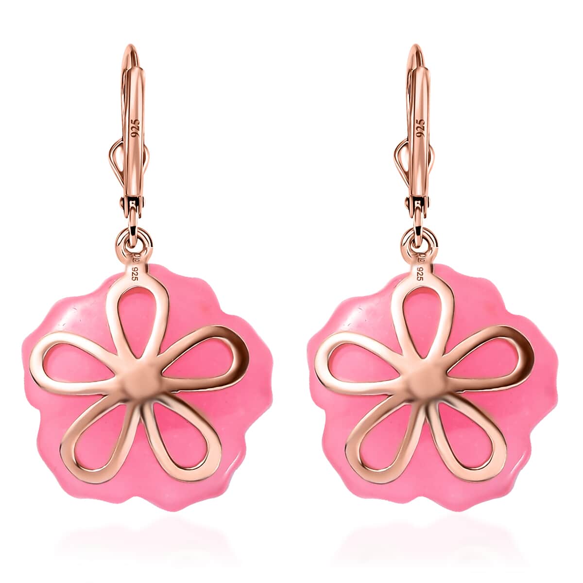 Pink Jade Carved (D) and Ilakaka Hot Pink Sapphire (FF) 38.25 ctw Primrose Floral Lever Back Earrings in 18K Vermeil Rose Gold Over Sterling Silver image number 4