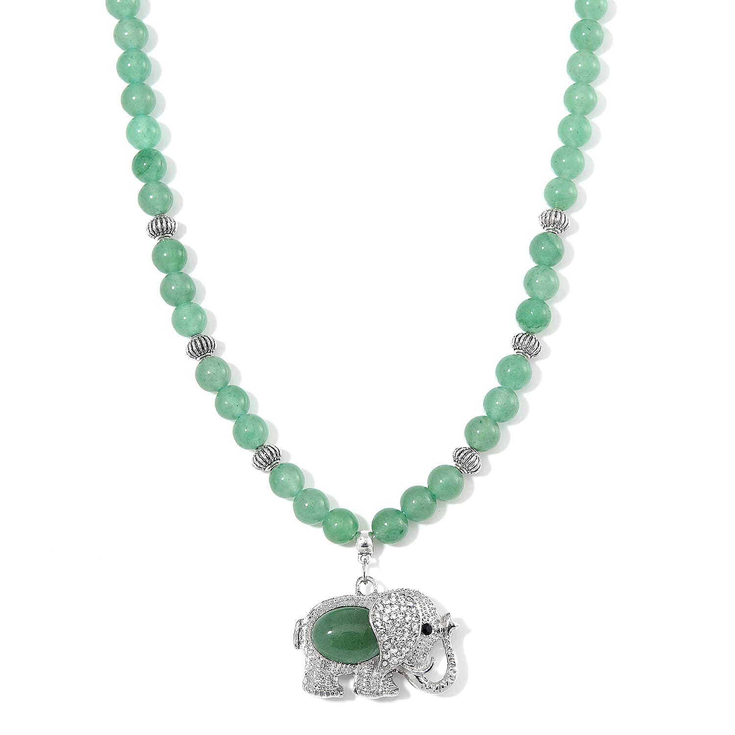 Green Aventurine, Austrian Crystal and Simulated Black Diamond Necklace with Elephant Charm 20 Inches in Silvertone and Stainless Steel 325.00 ctw