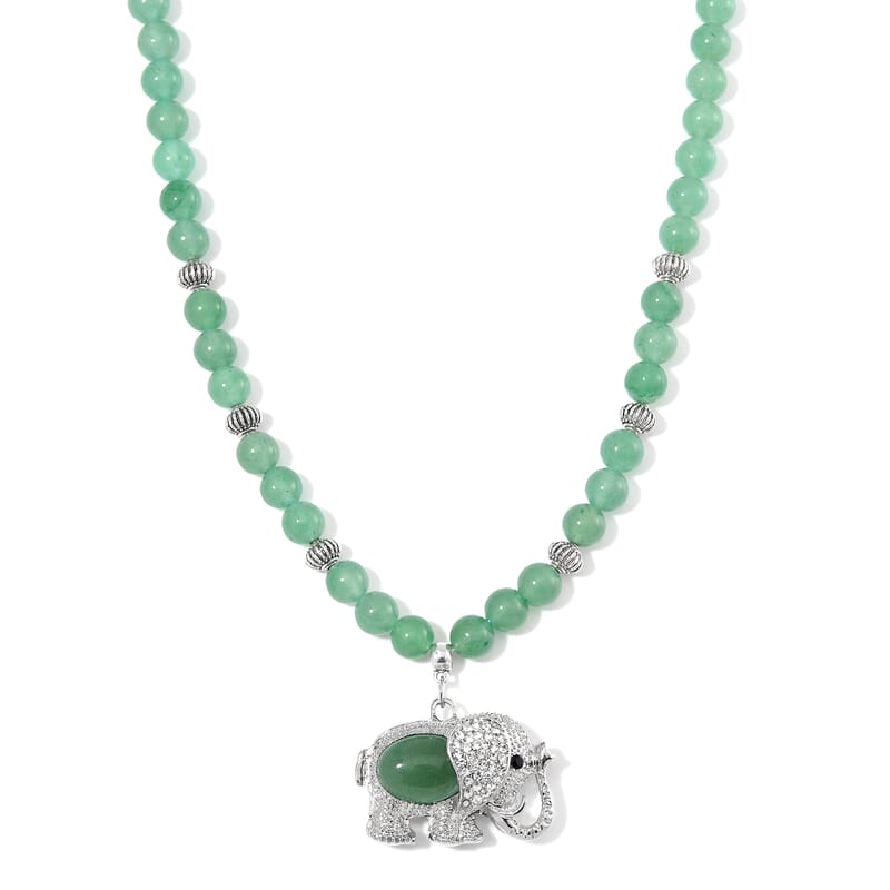 Green Aventurine, Austrian Crystal and Simulated Black Diamond Necklace with Elephant Charm 20 Inches in Silvertone and Stainless Steel 325.00 ctw