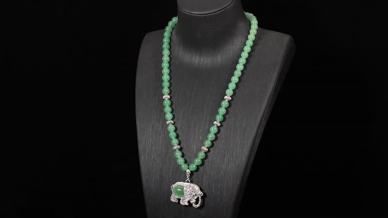 Green Aventurine, Austrian Crystal and Simulated Black Diamond Necklace with Elephant Charm 20 Inches in Silvertone and Stainless Steel 325.00 ctw