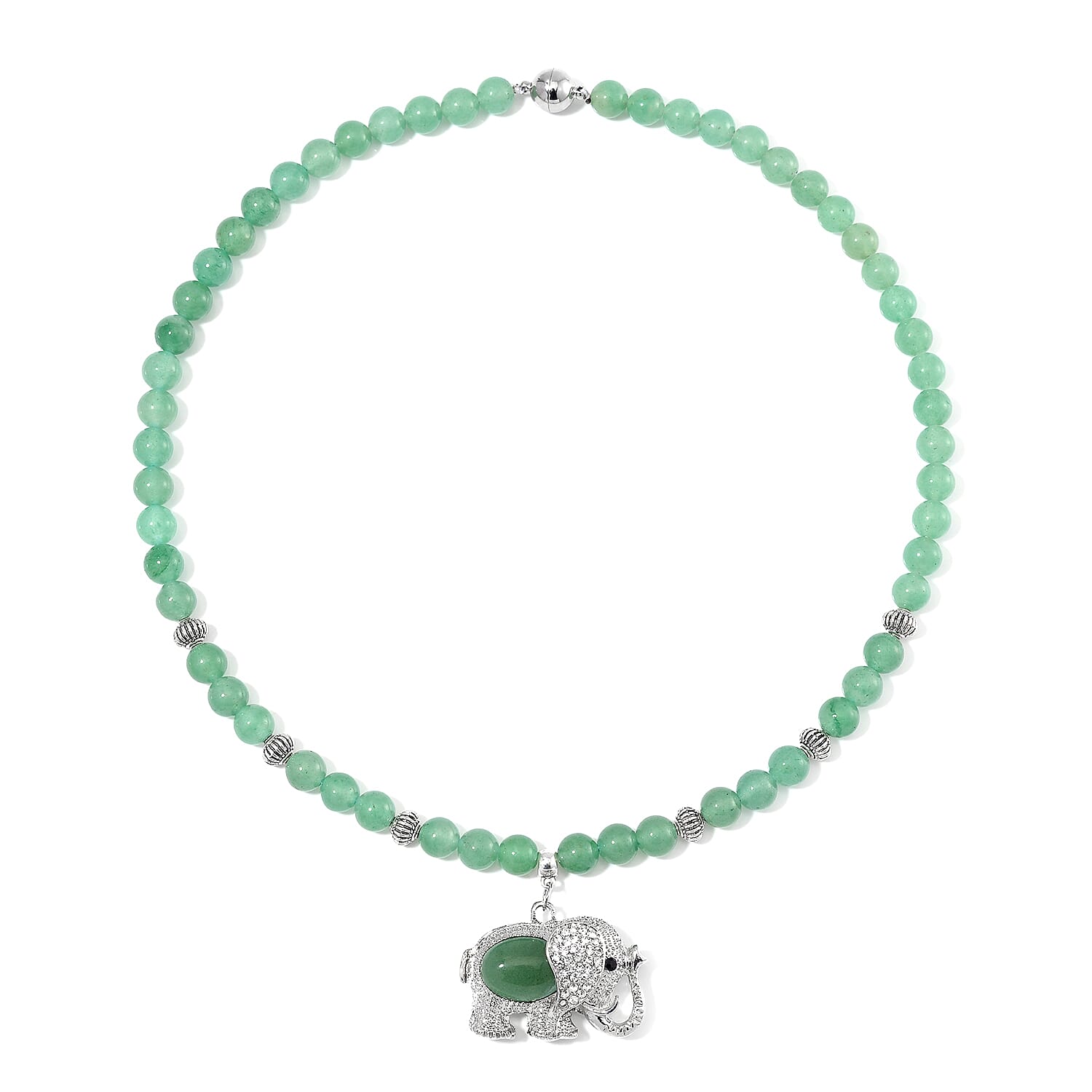 Green Aventurine, Austrian Crystal and Simulated Black Diamond Necklace with Elephant Charm 20 Inches in Silvertone and Stainless Steel 325.00 ctw