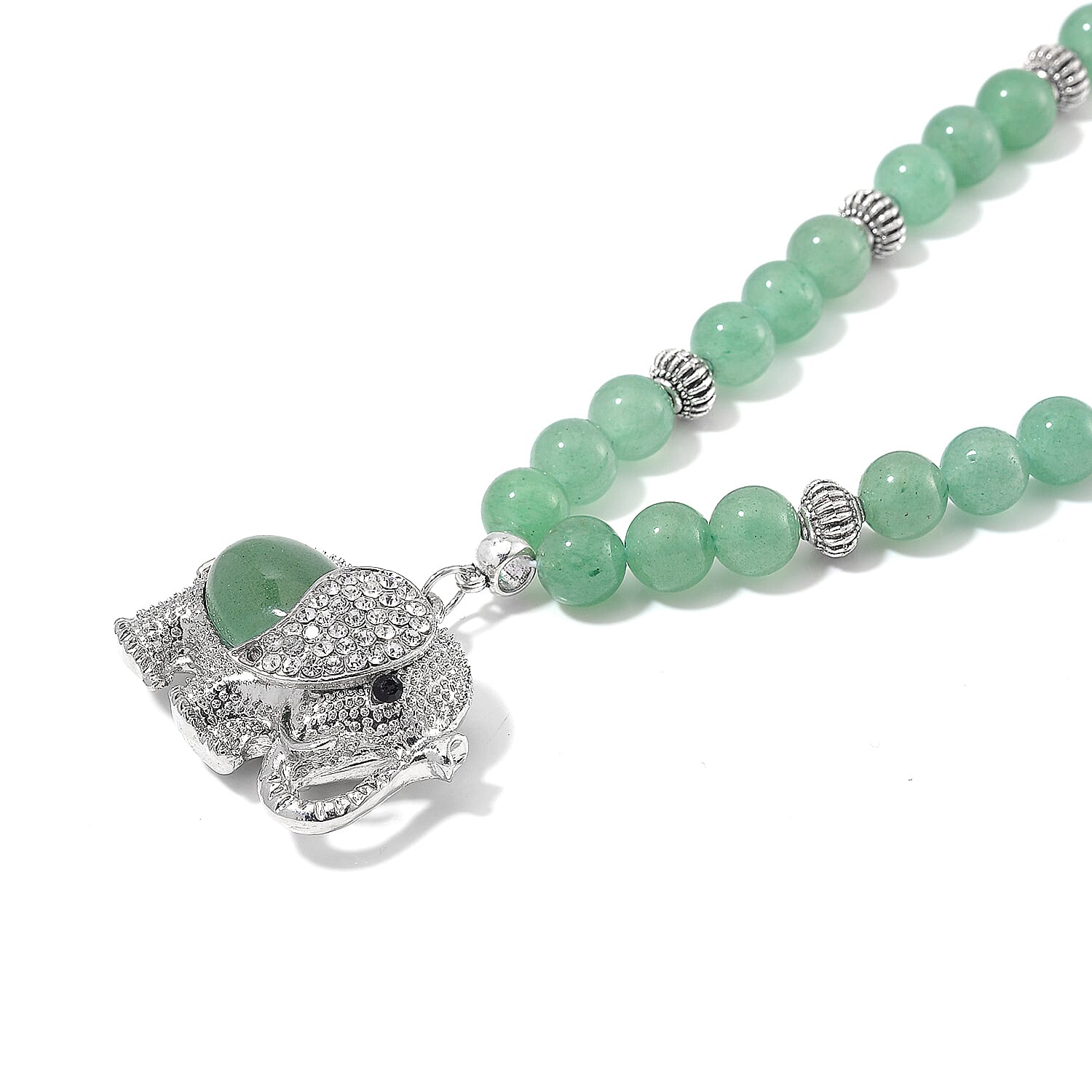 Green Aventurine, Austrian Crystal and Simulated Black Diamond Necklace with Elephant Charm 20 Inches in Silvertone and Stainless Steel 325.00 ctw