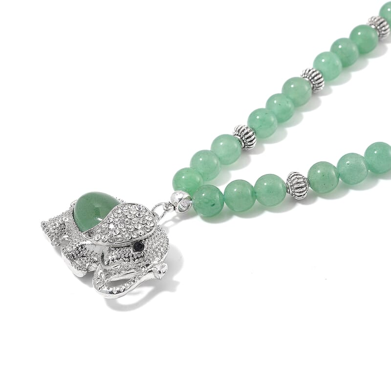 Green Aventurine, Austrian Crystal and Simulated Black Diamond Necklace with Elephant Charm 20 Inches in Silvertone and Stainless Steel 325.00 ctw