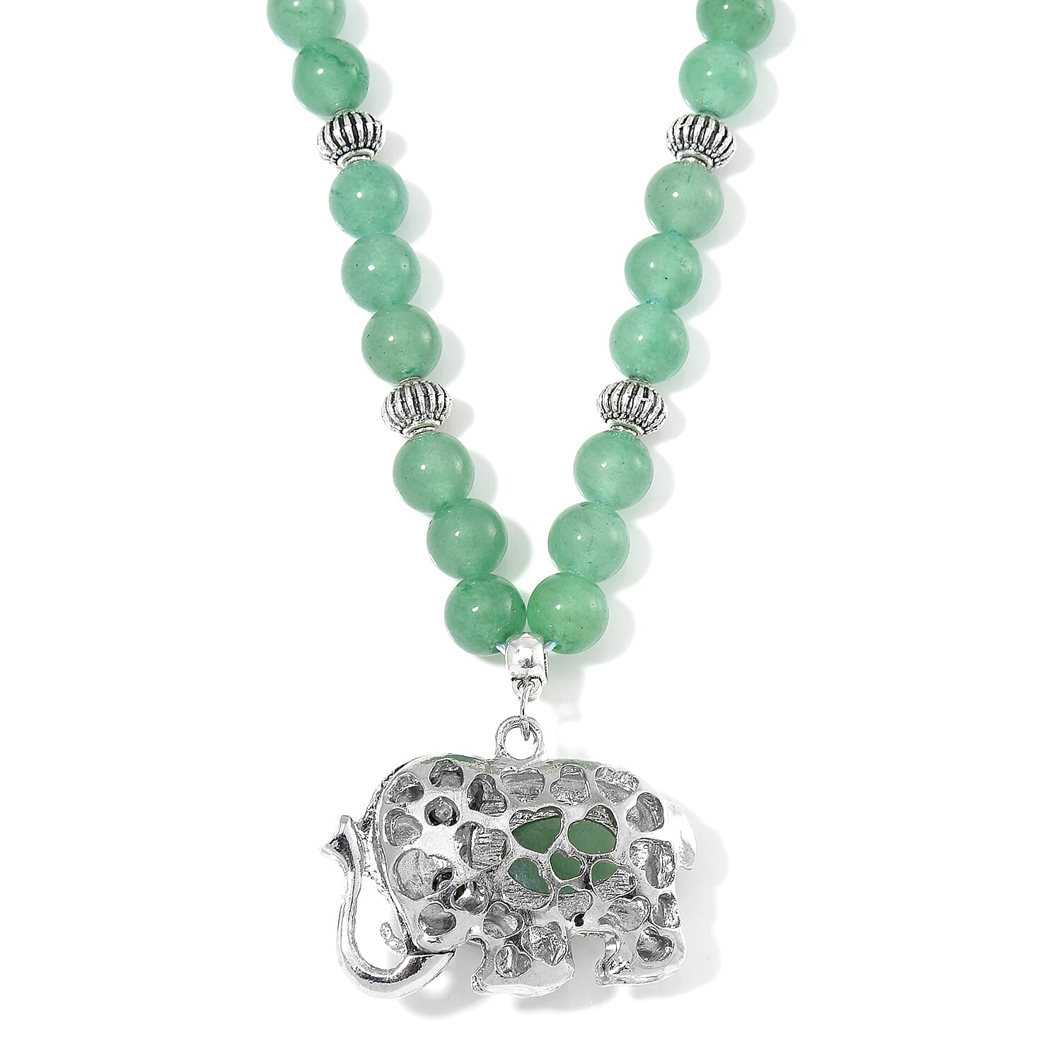Green Aventurine, Austrian Crystal and Simulated Black Diamond Necklace with Elephant Charm 20 Inches in Silvertone and Stainless Steel 325.00 ctw