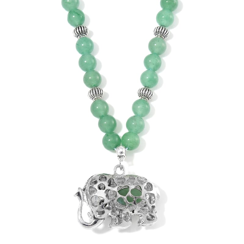 Green Aventurine, Austrian Crystal and Simulated Black Diamond Necklace with Elephant Charm 20 Inches in Silvertone and Stainless Steel 325.00 ctw
