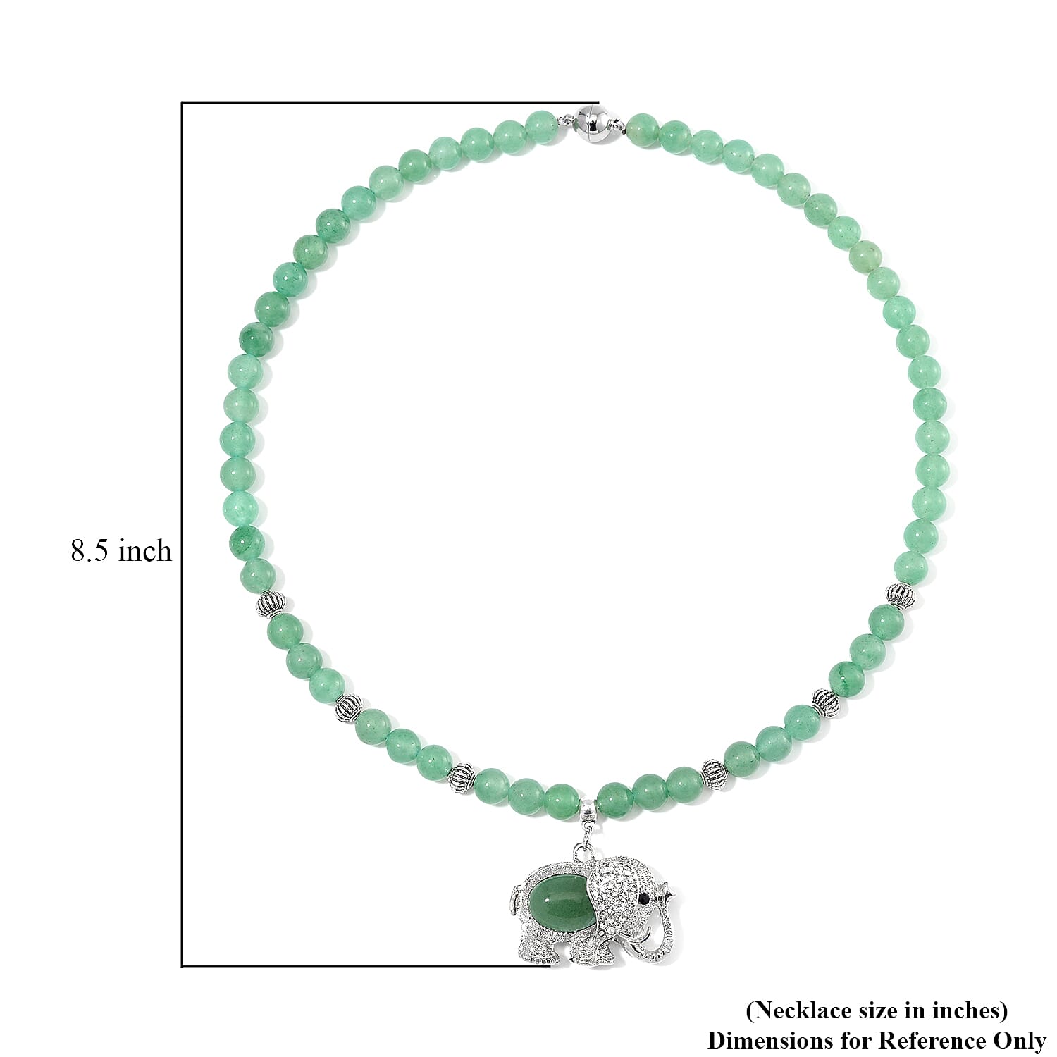 Green Aventurine, Austrian Crystal and Simulated Black Diamond Necklace with Elephant Charm 20 Inches in Silvertone and Stainless Steel 325.00 ctw