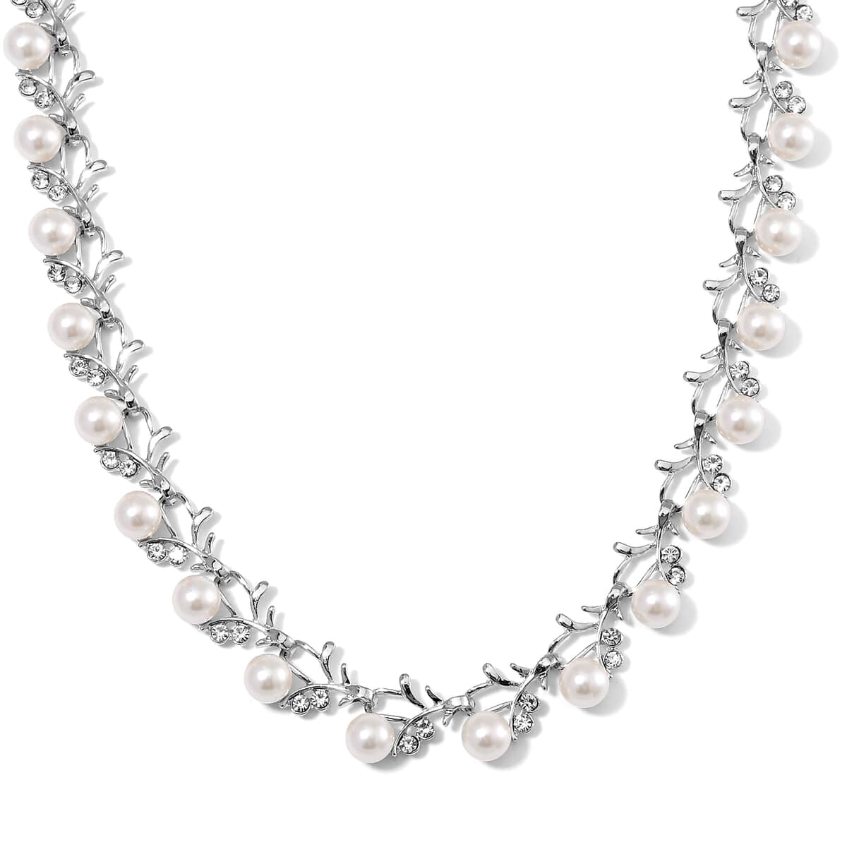 White Color Shell Pearl and White Crystal Necklace 18-20 Inches in Silvertone image number 0