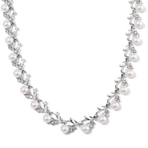 White Color Shell Pearl and White Crystal Necklace 18-20 Inches in Silvertone