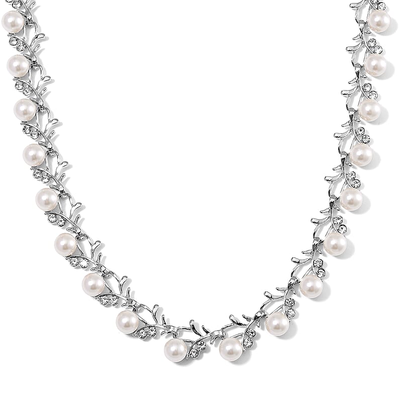 White Color Shell Pearl and White Crystal Blossom Vine Necklace 18-20 Inches in Silvertone