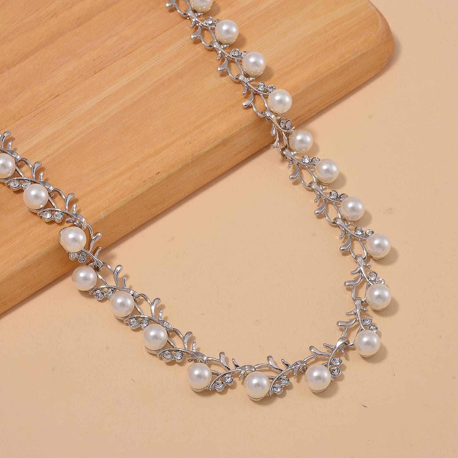 White Color Shell Pearl and White Crystal Blossom Vine Necklace 18-20 Inches in Silvertone