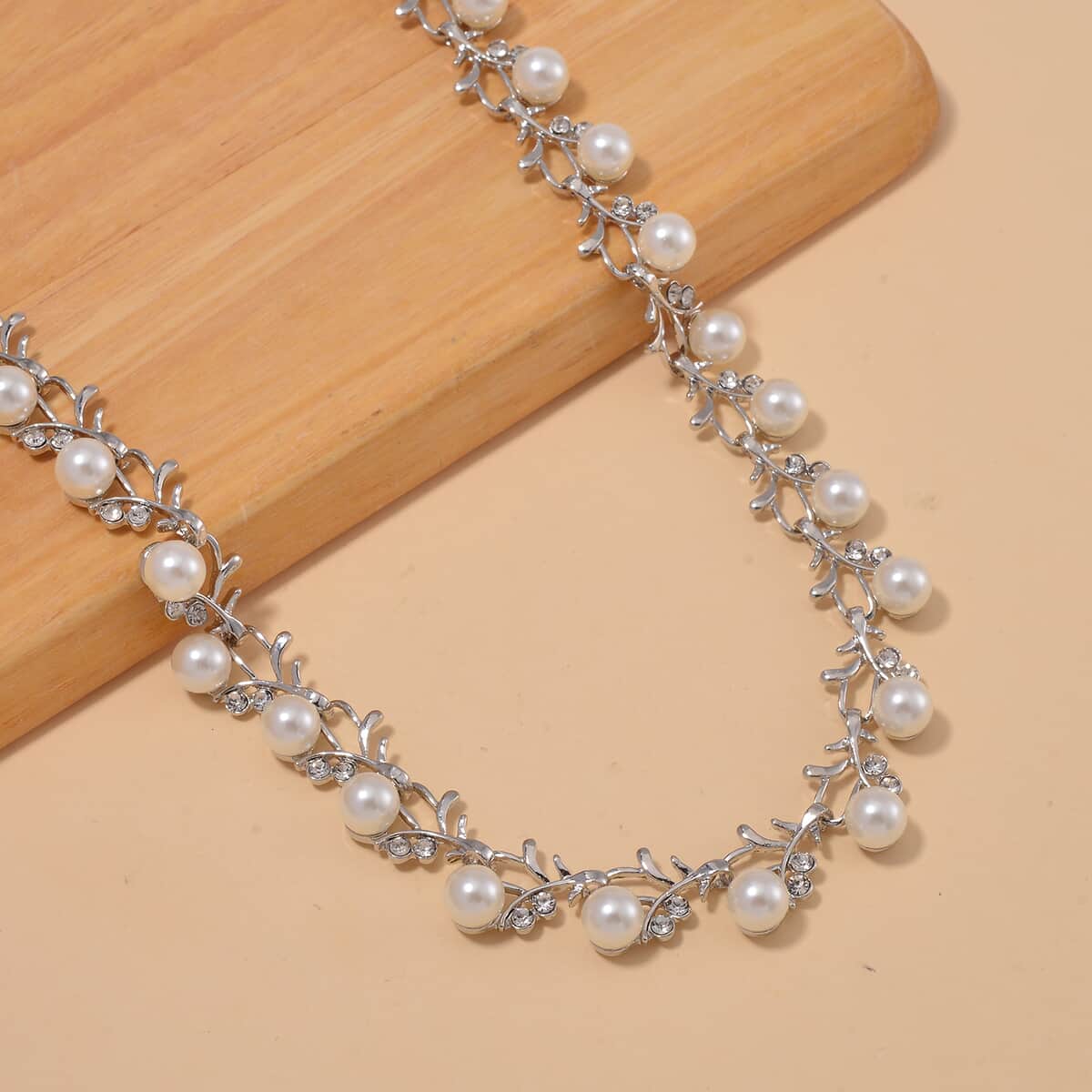 White Color Shell Pearl and White Crystal Necklace 18-20 Inches in Silvertone image number 1