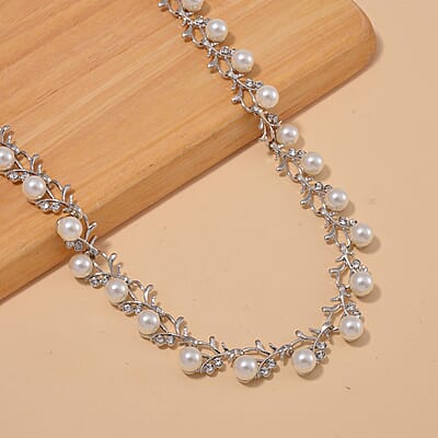White Color Shell Pearl and White Crystal Blossom Vine Necklace 18-20 Inches in Silvertone