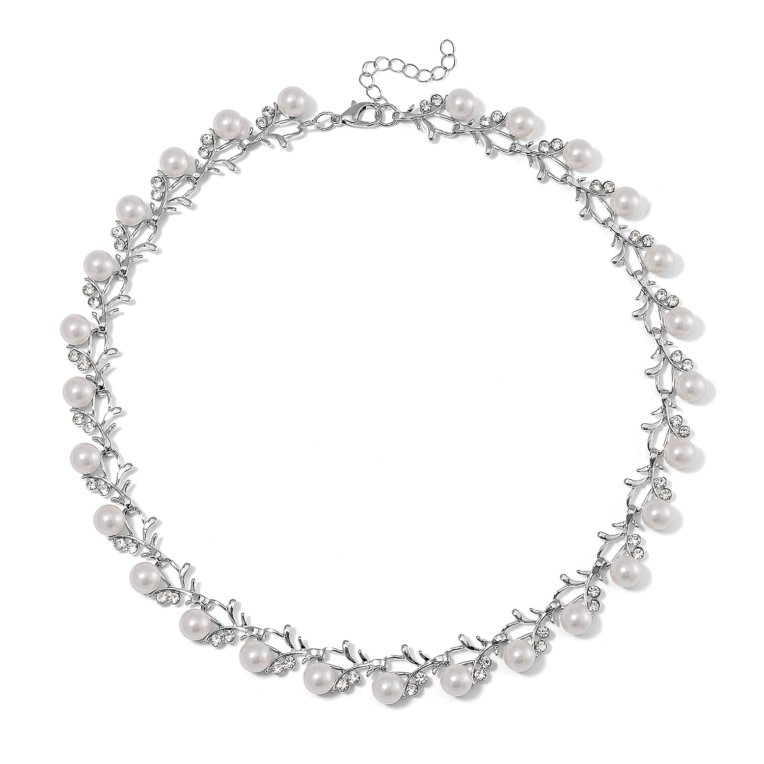 White Color Shell Pearl and White Crystal Blossom Vine Necklace 18-20 Inches in Silvertone