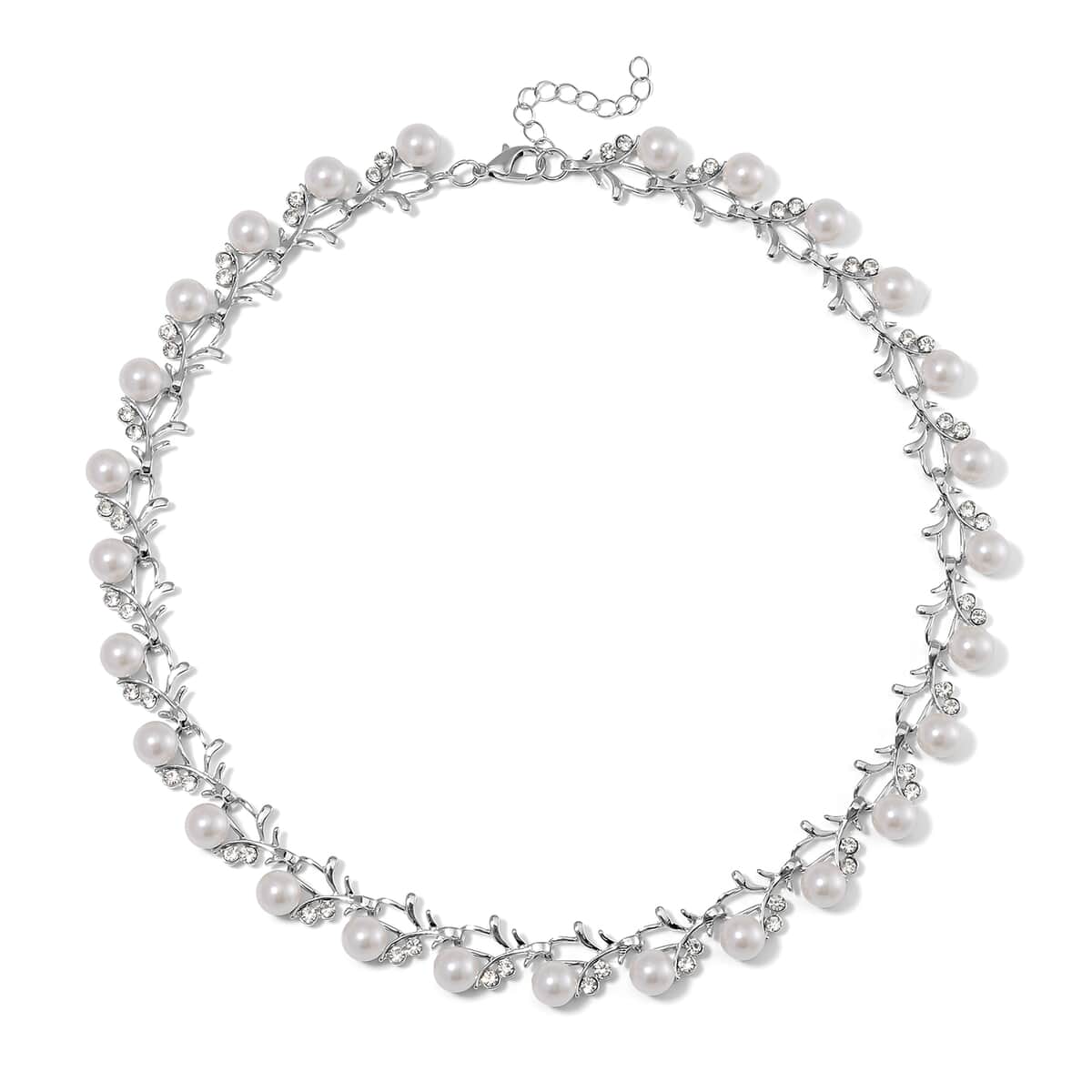 White Color Shell Pearl and White Crystal Necklace 18-20 Inches in Silvertone image number 2