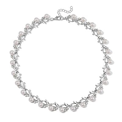 White Color Shell Pearl and White Crystal Blossom Vine Necklace 18-20 Inches in Silvertone