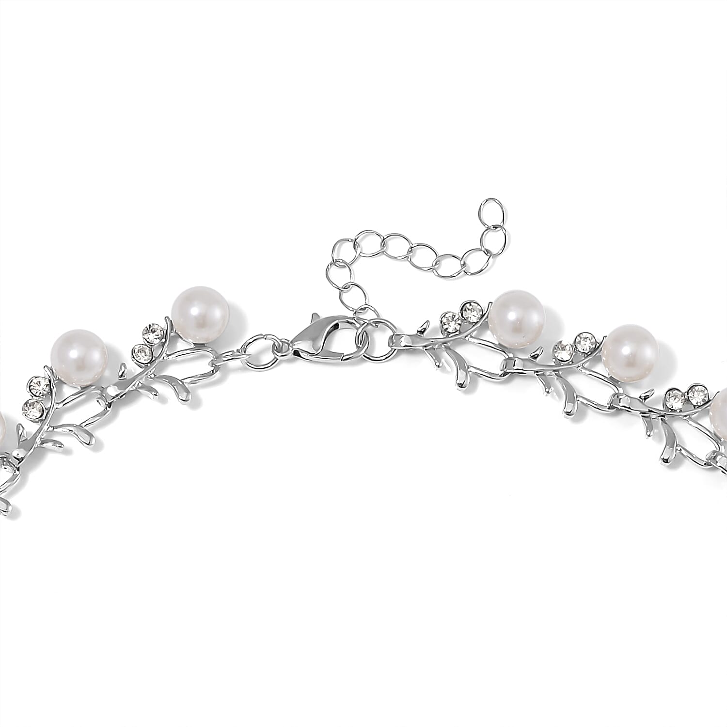 White Color Shell Pearl and White Crystal Blossom Vine Necklace 18-20 Inches in Silvertone