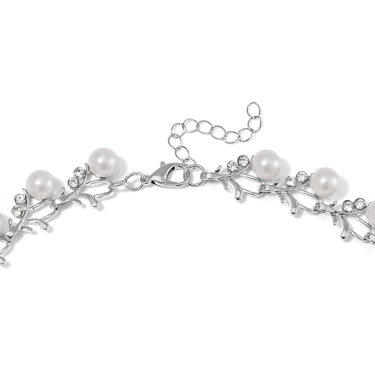 White Color Shell Pearl and White Crystal Necklace 18-20 Inches in Silvertone image number 3