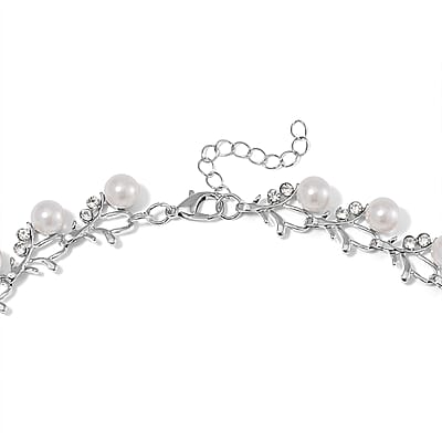 White Color Shell Pearl and White Crystal Blossom Vine Necklace 18-20 Inches in Silvertone