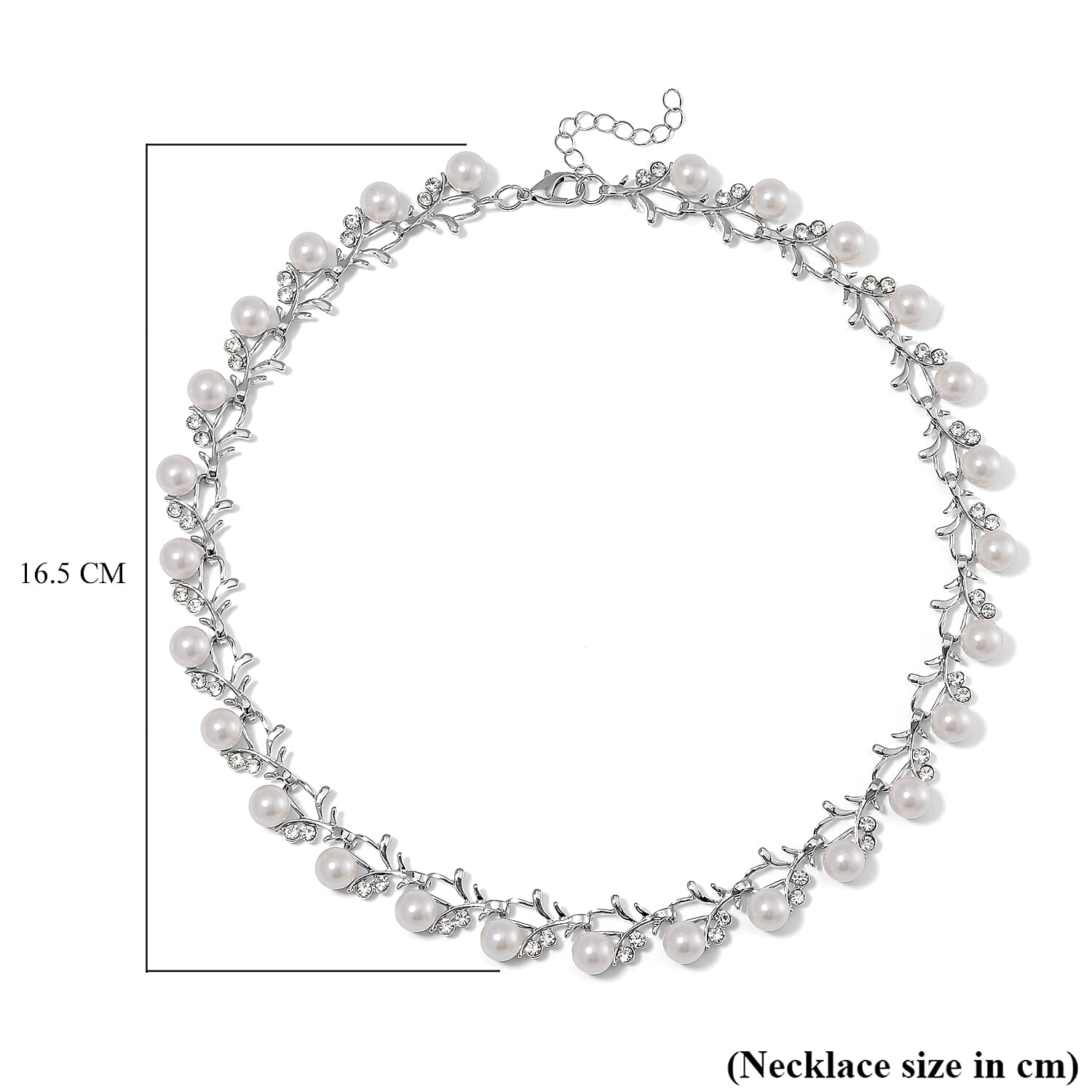 White Color Shell Pearl and White Crystal Blossom Vine Necklace 18-20 Inches in Silvertone