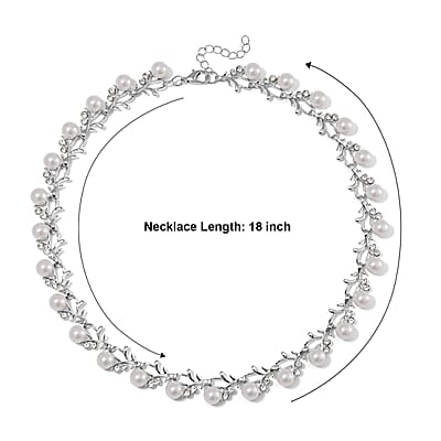 White Color Shell Pearl and White Crystal Blossom Vine Necklace 18-20 Inches in Silvertone