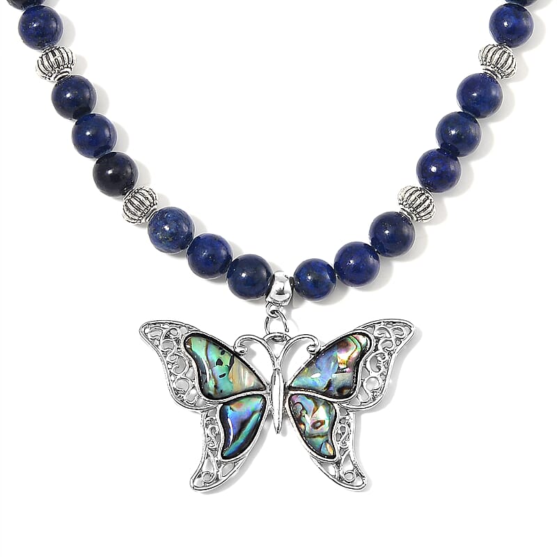 Lapis Lazuli, Abalone Shell Beaded Necklace with Butterfly Charm 20 Inches in Silvertone and Stainless Steel 300.00 ctw