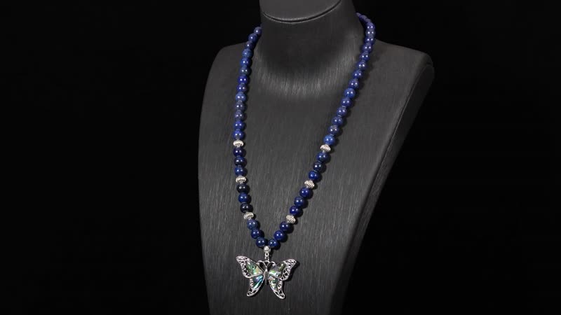 Lapis Lazuli, Abalone Shell Beaded Necklace with Butterfly Charm 20 Inches in Silvertone and Stainless Steel 300.00 ctw