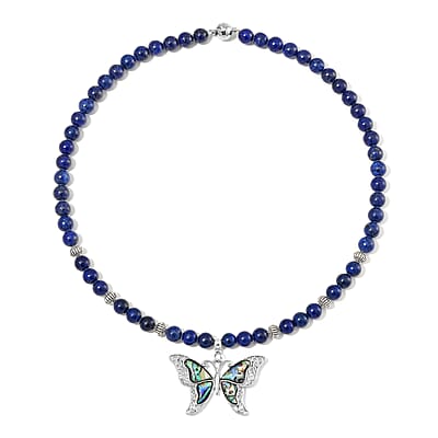 Lapis Lazuli, Abalone Shell Beaded Necklace with Butterfly Charm 20 Inches in Silvertone and Stainless Steel 300.00 ctw