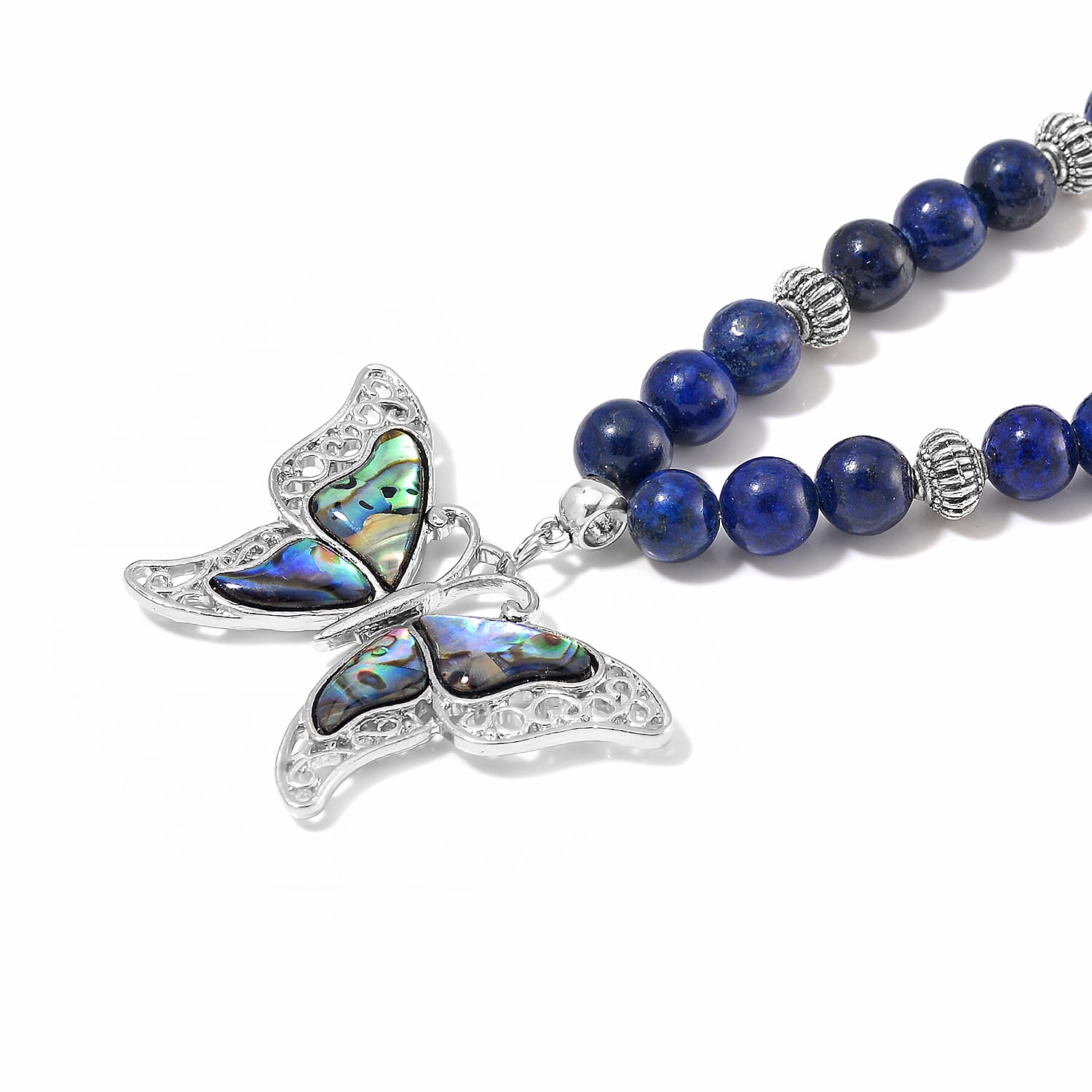 Lapis Lazuli, Abalone Shell Beaded Necklace with Butterfly Charm 20 Inches in Silvertone and Stainless Steel 300.00 ctw