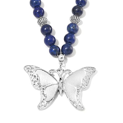 Lapis Lazuli, Abalone Shell Beaded Necklace with Butterfly Charm 20 Inches in Silvertone and Stainless Steel 300.00 ctw